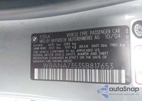 2005 BMW 530I z USA, uszkodzony, nr VIN WBANA73535B817653